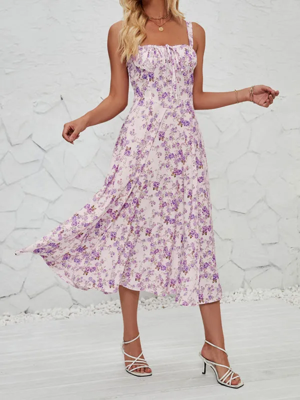 Floral Print Midi Dress with Square Neckline and Front Tie Detail