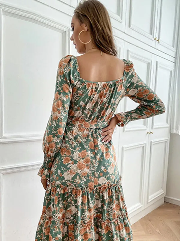 Floral Print Midi Dress with Tiered Skirt and Belted Waist