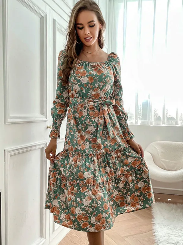Floral Print Midi Dress with Tiered Skirt and Belted Waist