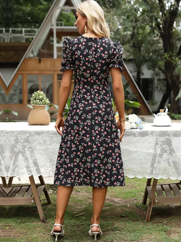 Floral Print Midi Dress with V-Neck and Puff Sleeves