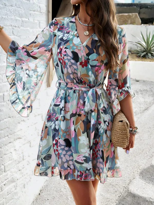 Floral Print Mini Dress with V-Neck and Flutter Sleeves