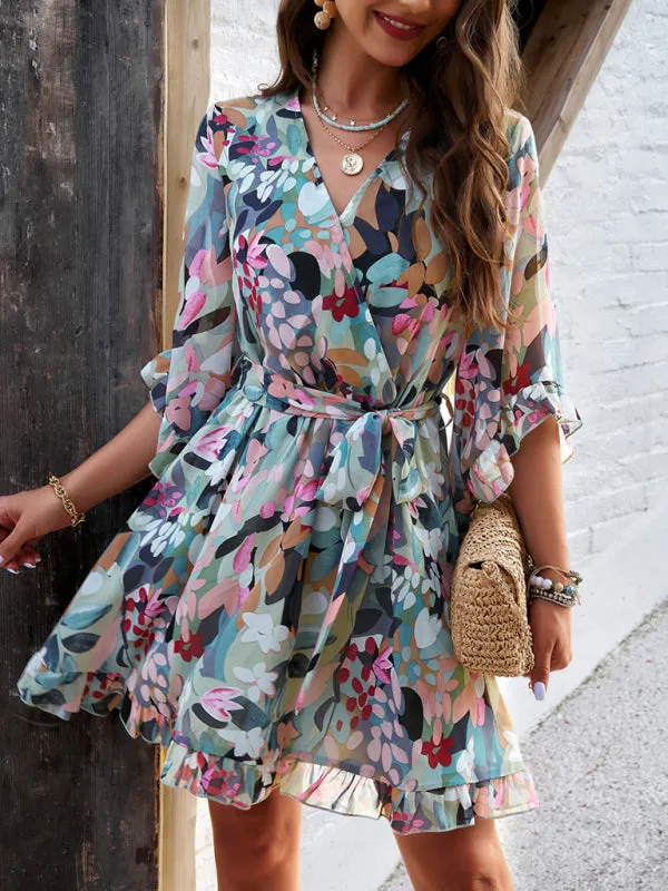 Floral Print Mini Dress with V-Neck and Flutter Sleeves