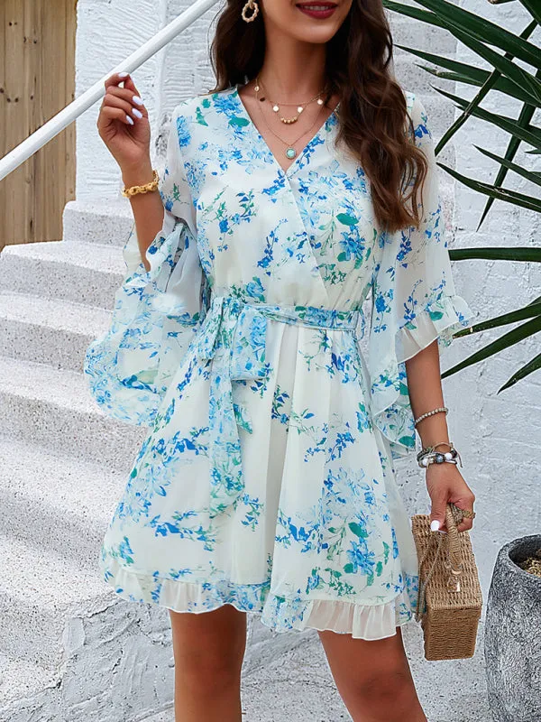 Floral Print Mini Dress with V-Neck and Flutter Sleeves