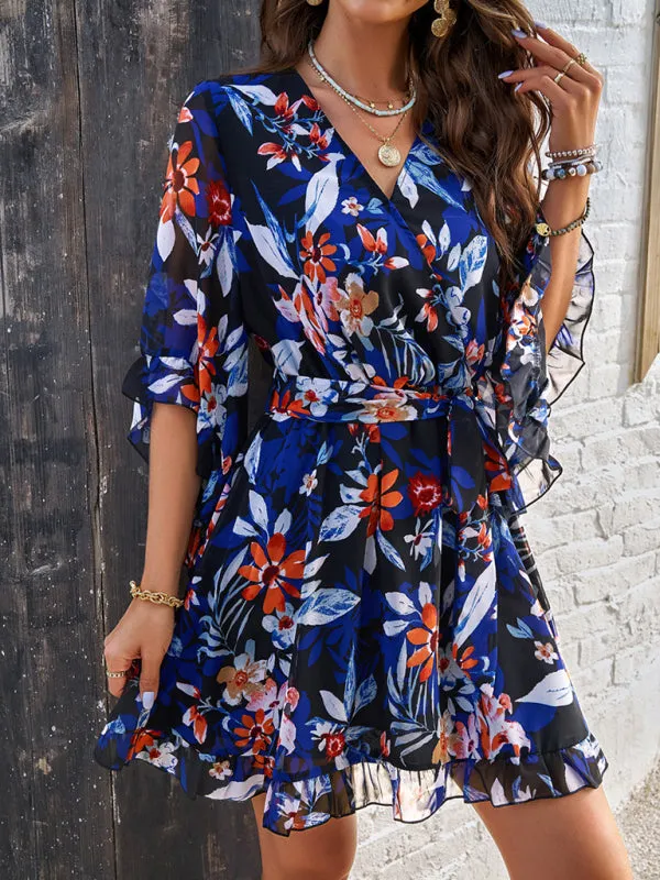 Floral Print Mini Dress with V-Neck and Flutter Sleeves