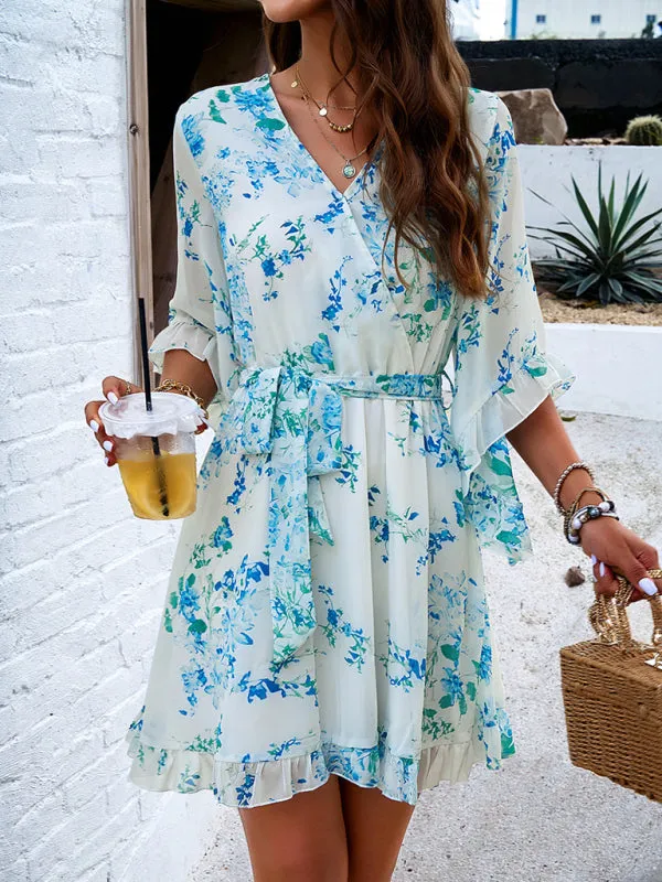 Floral Print Mini Dress with V-Neck and Flutter Sleeves