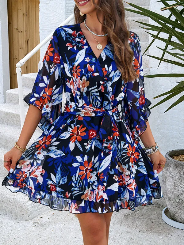 Floral Print Mini Dress with V-Neck and Flutter Sleeves