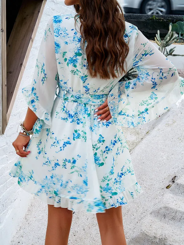 Floral Print Mini Dress with V-Neck and Flutter Sleeves