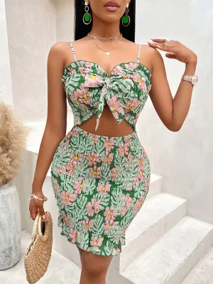 Floral Print Mini Dress with Waist-Cinching Cut-Out Design