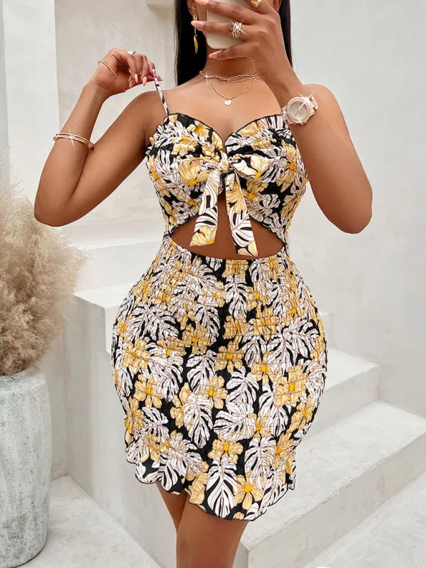 Floral Print Mini Dress with Waist-Cinching Cut-Out Design