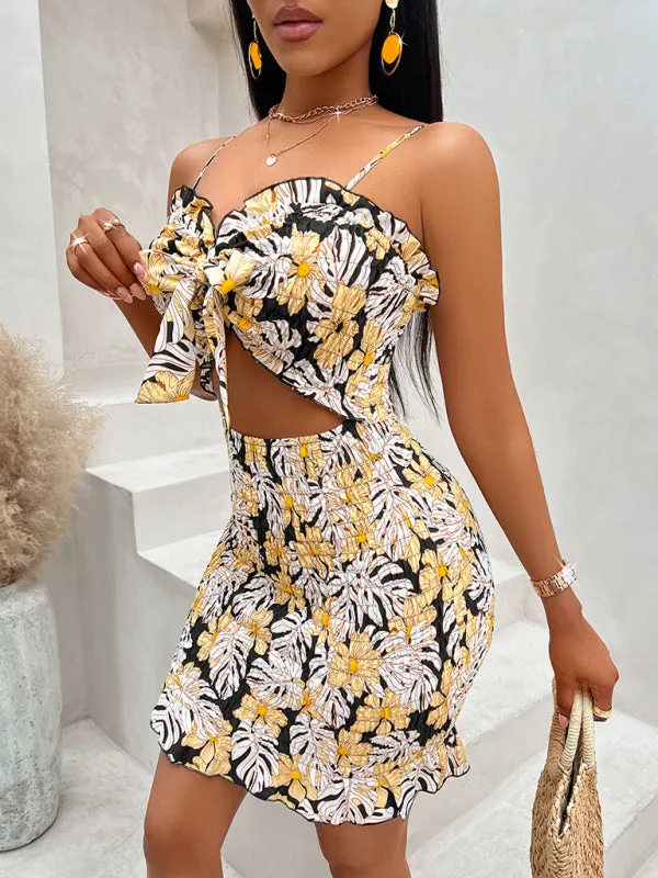 Floral Print Mini Dress with Waist-Cinching Cut-Out Design
