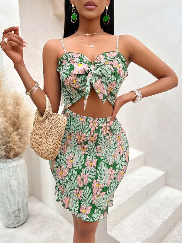 Floral Print Mini Dress with Waist-Cinching Cut-Out Design