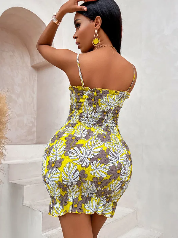 Floral Print Mini Dress with Waist-Cinching Cut-Out Design