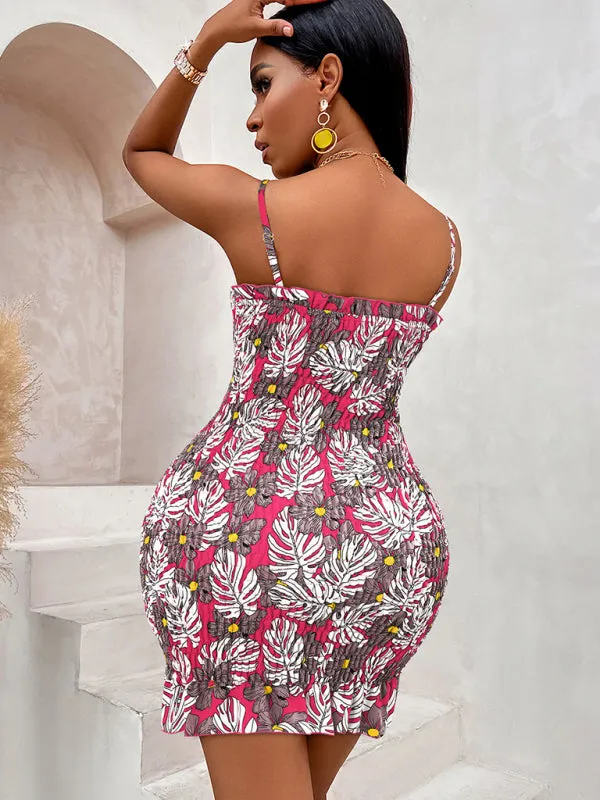 Floral Print Mini Dress with Waist-Cinching Cut-Out Design