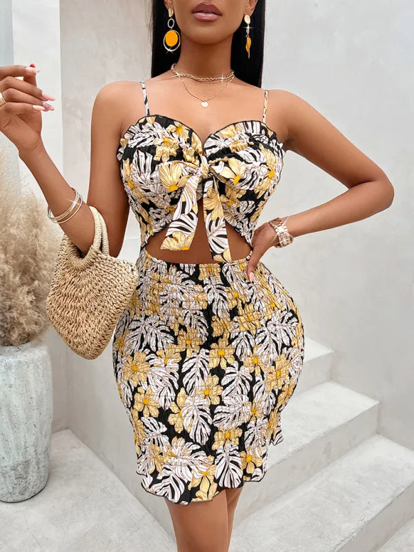 Floral Print Mini Dress with Waist-Cinching Cut-Out Design