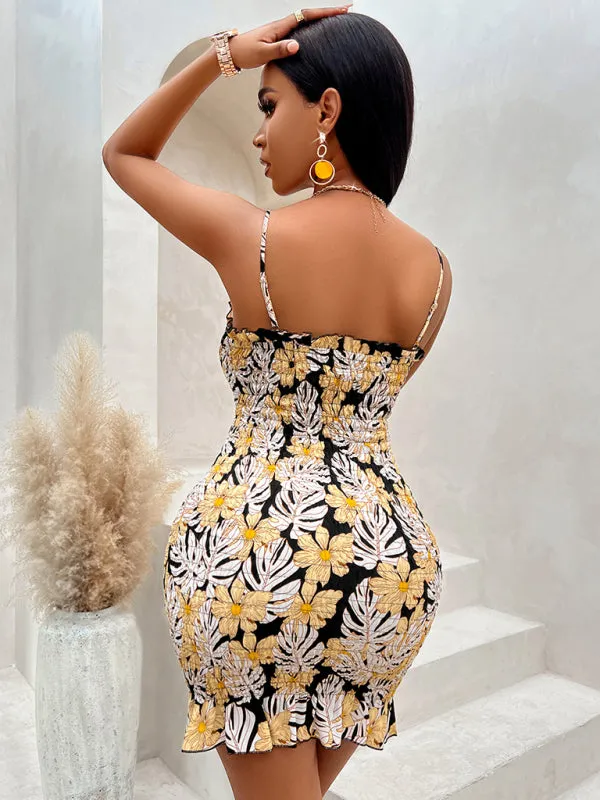 Floral Print Mini Dress with Waist-Cinching Cut-Out Design