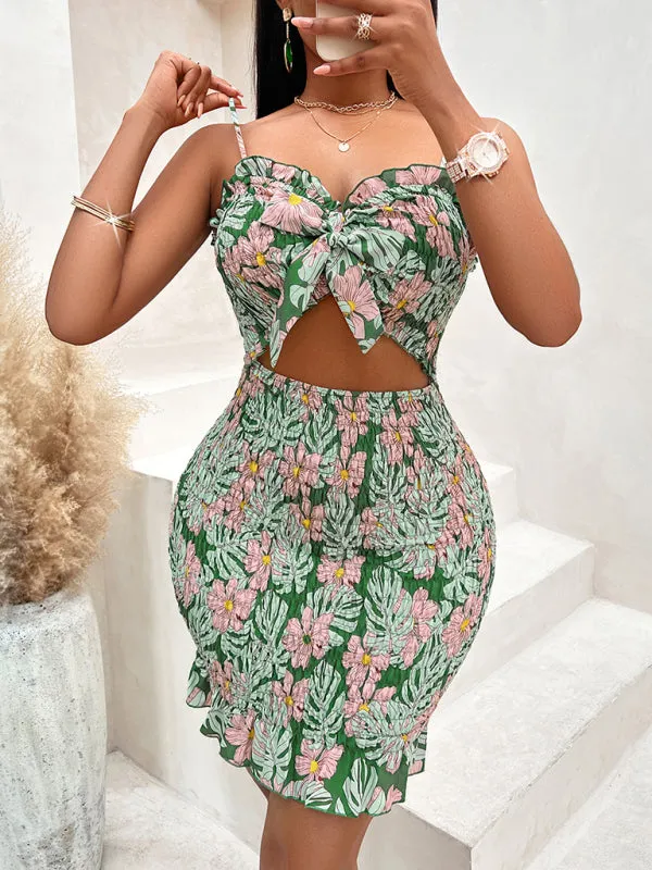 Floral Print Mini Dress with Waist-Cinching Cut-Out Design