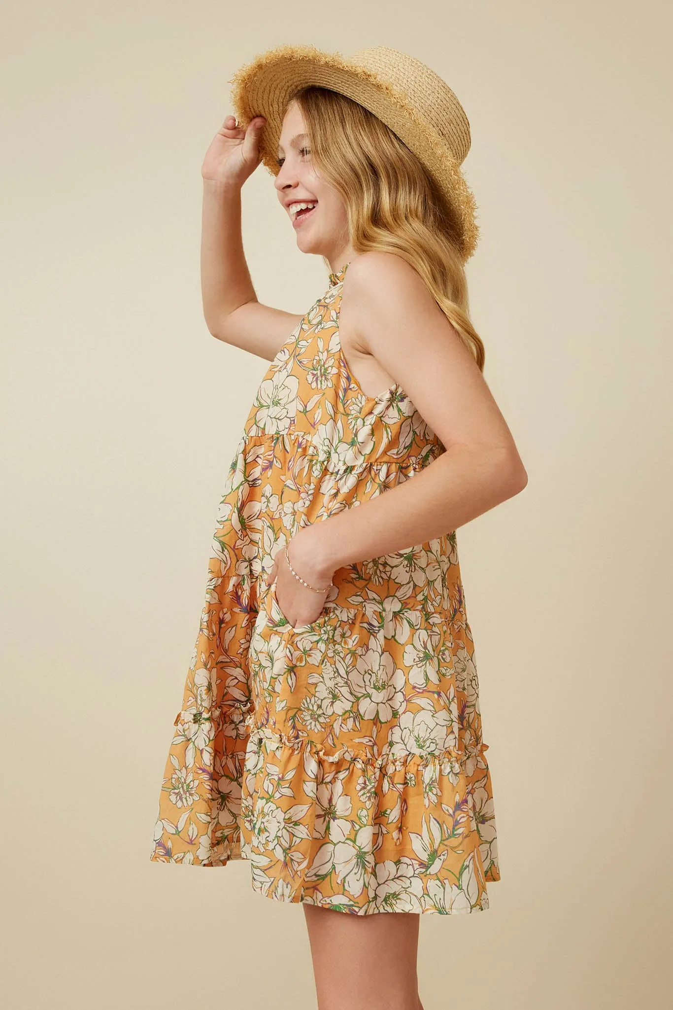 Floral Print Ruffled Neck Tiered Tank Dress
