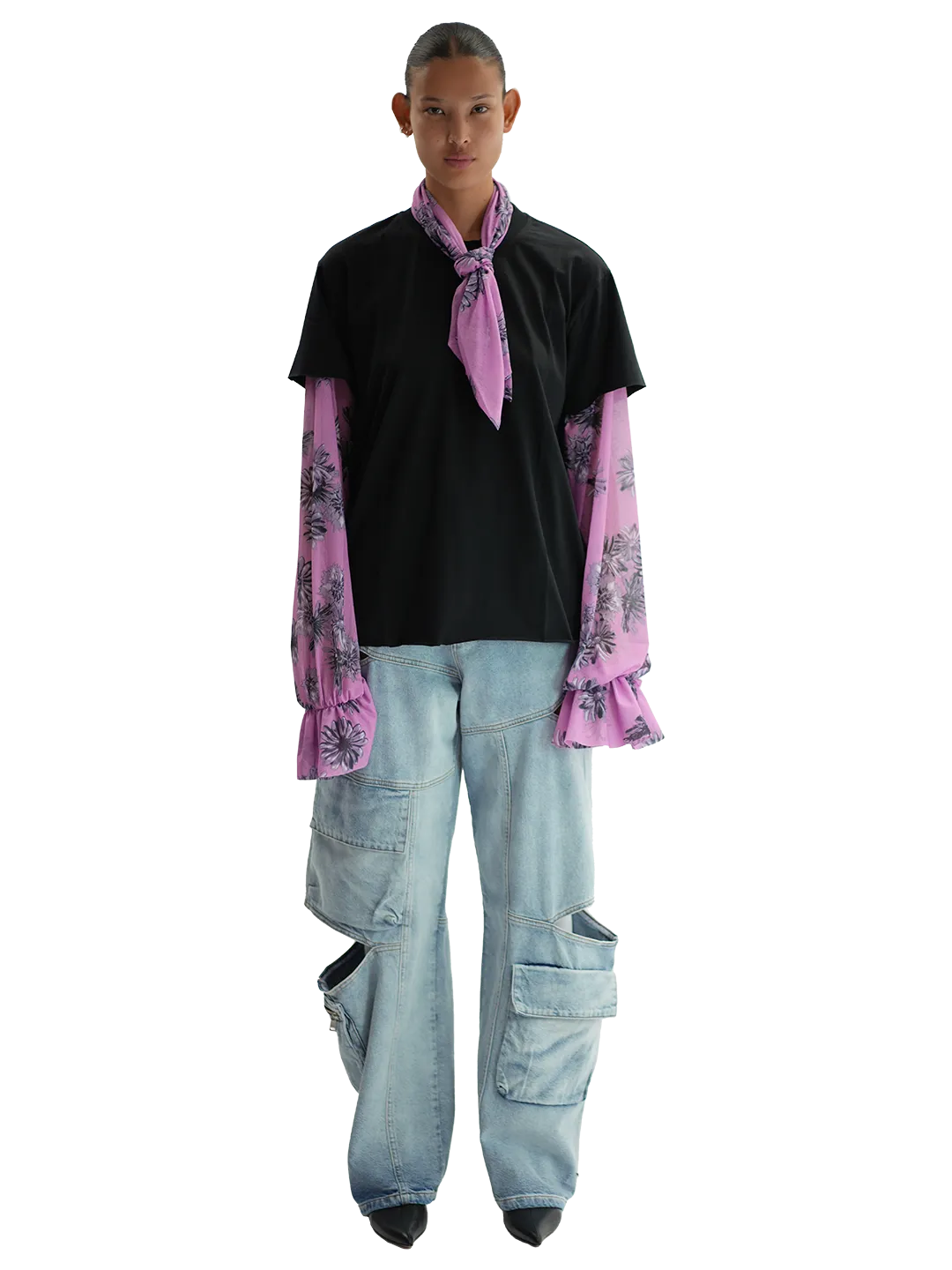 Floral Print T-Shirt Pussy Bow Blouse