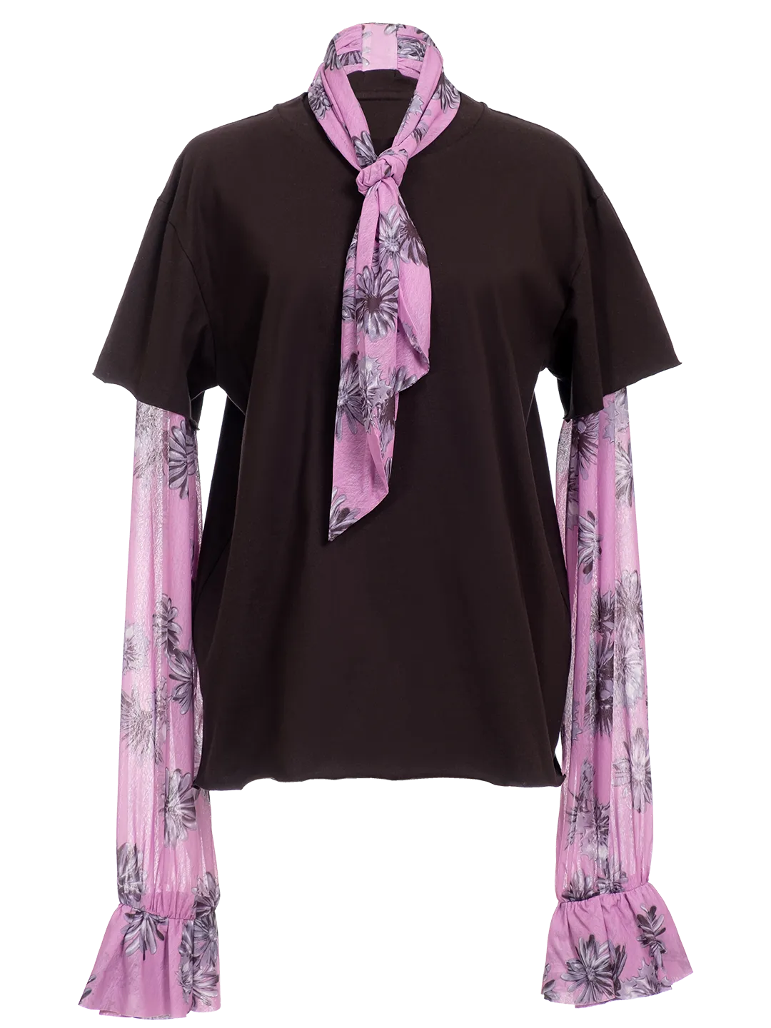 Floral Print T-Shirt Pussy Bow Blouse