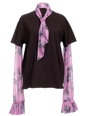 Floral Print T-Shirt Pussy Bow Blouse
