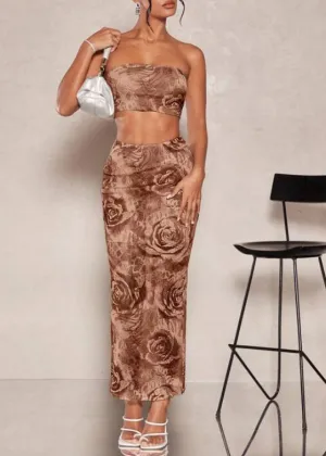 Floral Print Tube Top & Pencil Skirt Brown