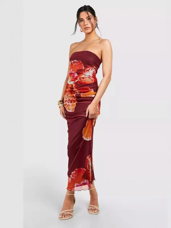 Floral Print Tube Top Dress with Mesh Pleated Design