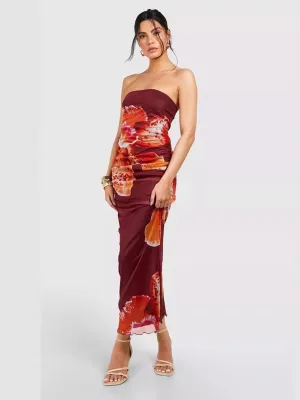 Floral Print Tube Top Dress with Mesh Pleated Design
