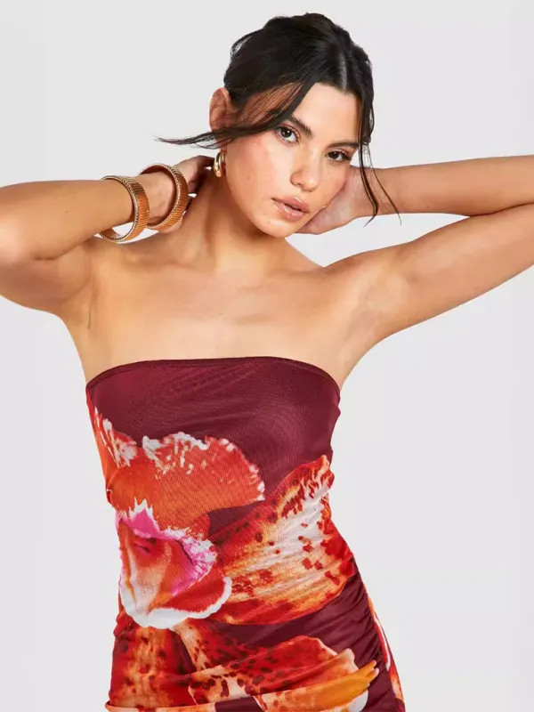 Floral Print Tube Top Dress with Mesh Pleated Design