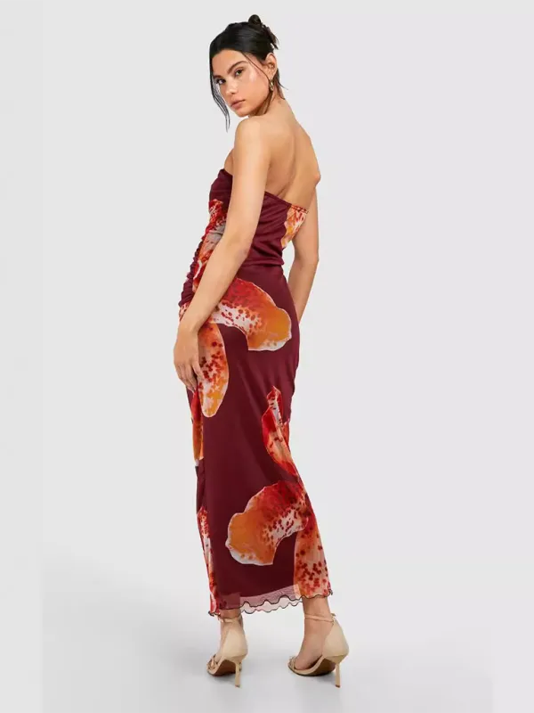 Floral Print Tube Top Dress with Mesh Pleated Design