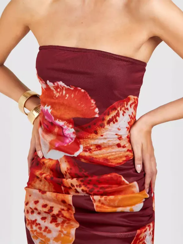 Floral Print Tube Top Dress with Mesh Pleated Design