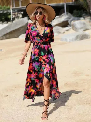 Floral Print V-Neck Beach Dress with Irregular Hemline