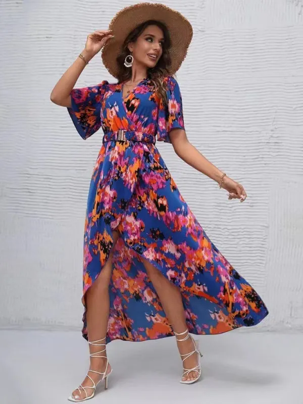 Floral Print V-Neck Beach Dress with Irregular Hemline