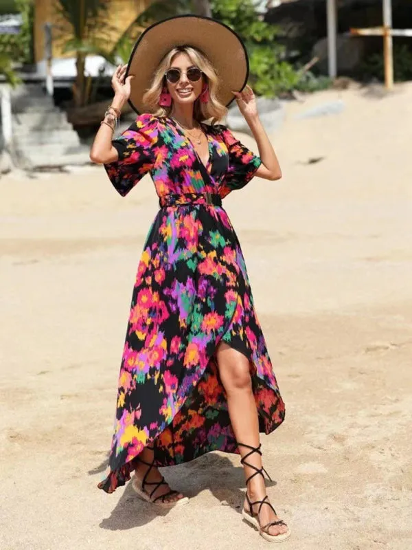 Floral Print V-Neck Beach Dress with Irregular Hemline