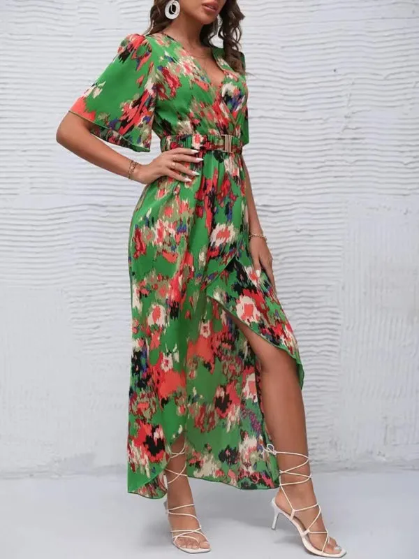 Floral Print V-Neck Beach Dress with Irregular Hemline