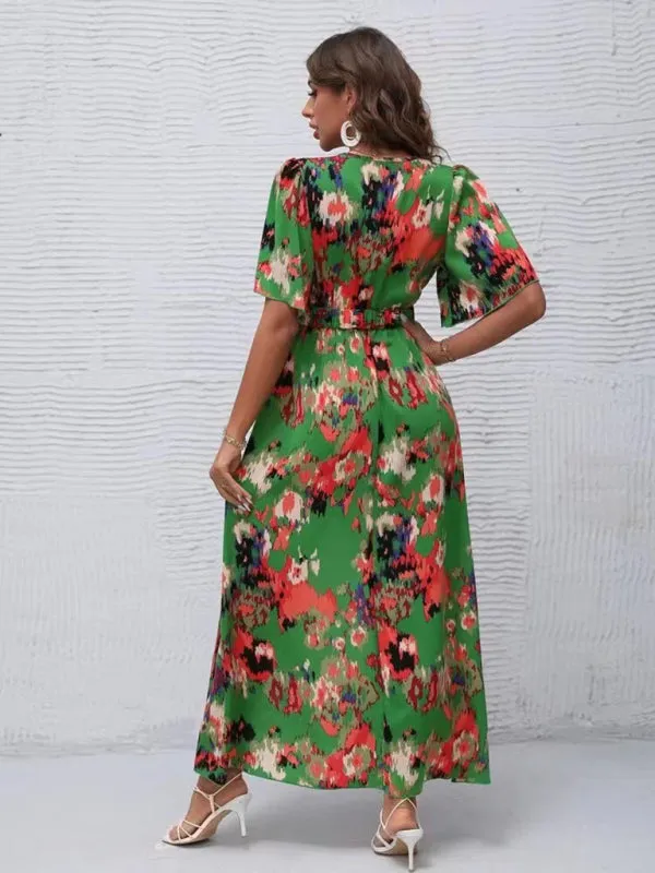 Floral Print V-Neck Beach Dress with Irregular Hemline