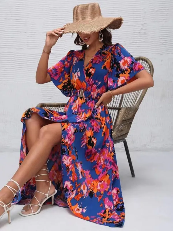Floral Print V-Neck Beach Dress with Irregular Hemline