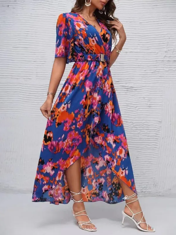 Floral Print V-Neck Beach Dress with Irregular Hemline