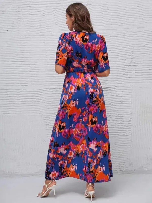 Floral Print V-Neck Beach Dress with Irregular Hemline