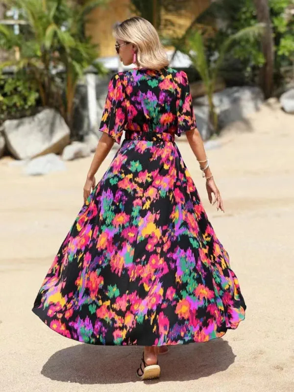 Floral Print V-Neck Beach Dress with Irregular Hemline