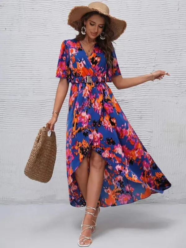 Floral Print V-Neck Beach Dress with Irregular Hemline