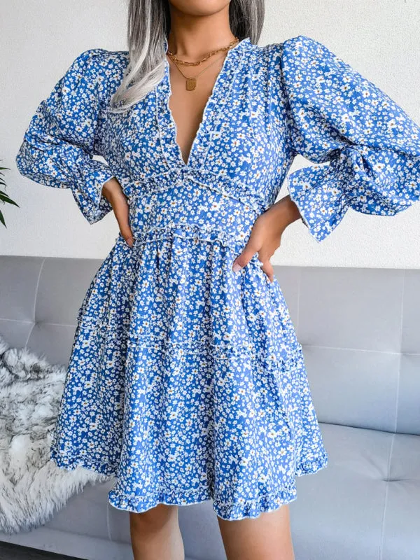 Floral Print V-neck Chiffon Mini Dress with Wood Ear Design
