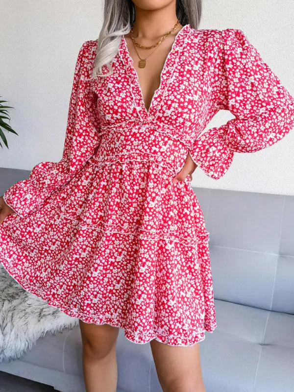 Floral Print V-neck Chiffon Mini Dress with Wood Ear Design
