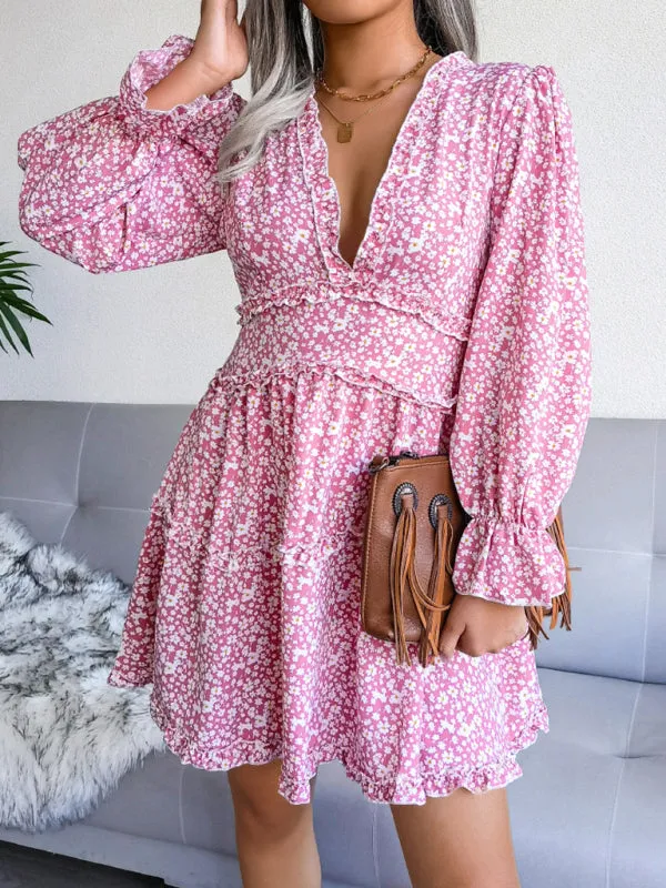 Floral Print V-neck Chiffon Mini Dress with Wood Ear Design