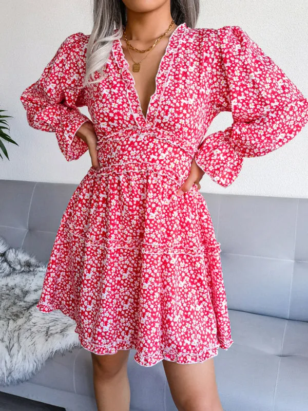 Floral Print V-neck Chiffon Mini Dress with Wood Ear Design