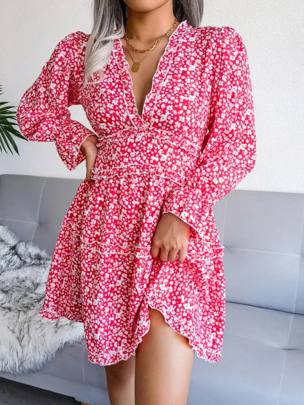 Floral Print V-neck Chiffon Mini Dress with Wood Ear Design