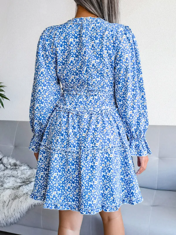 Floral Print V-neck Chiffon Mini Dress with Wood Ear Design