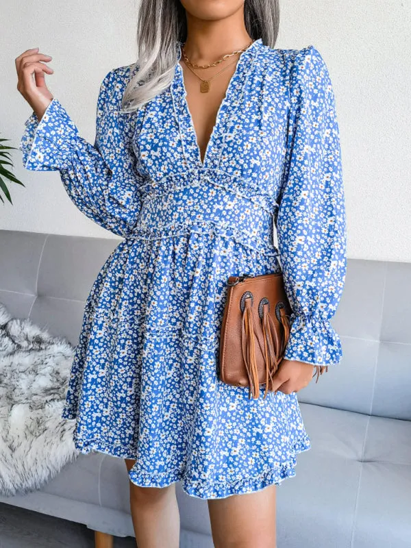 Floral Print V-neck Chiffon Mini Dress with Wood Ear Design