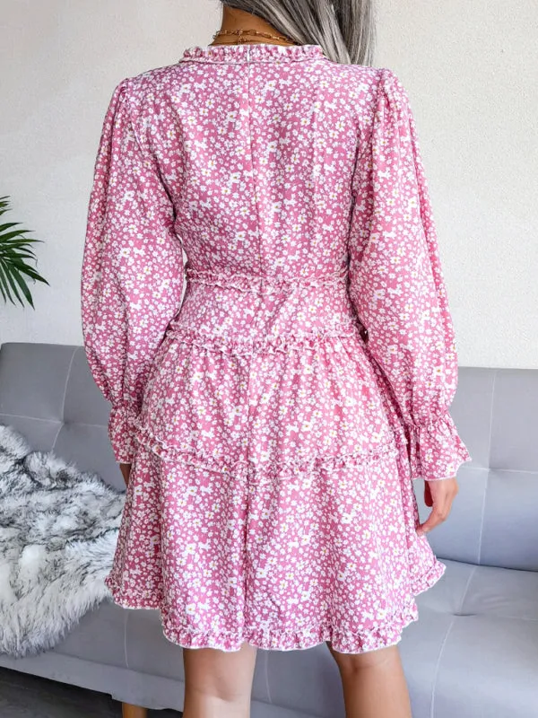 Floral Print V-neck Chiffon Mini Dress with Wood Ear Design