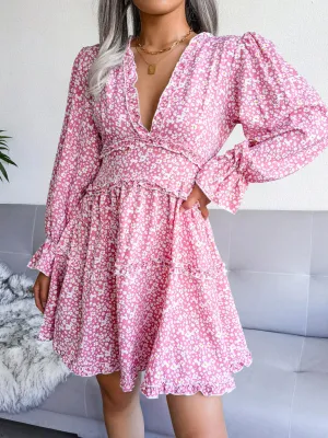Floral Print V-neck Chiffon Mini Dress with Wood Ear Design