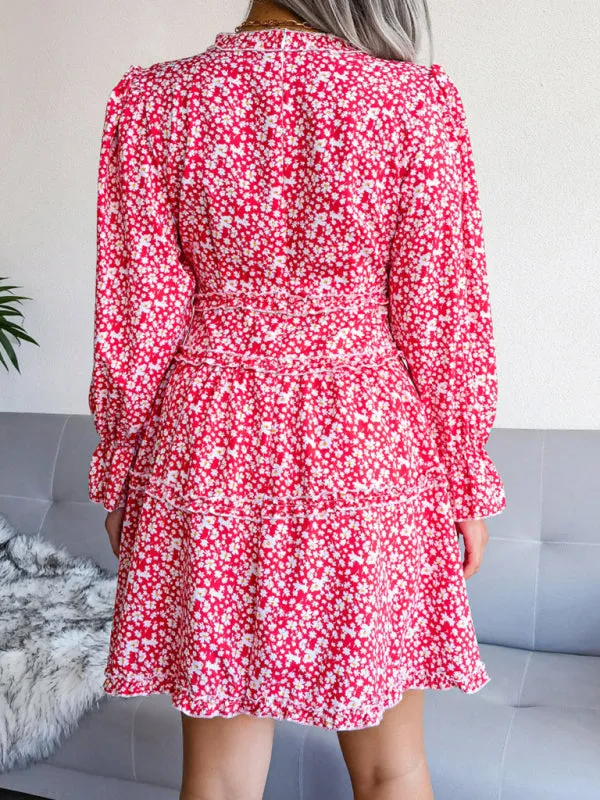 Floral Print V-neck Chiffon Mini Dress with Wood Ear Design